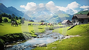 Beautiful Alps landscape with village, green fields and cows at sunny day. Swiss mountains at the background