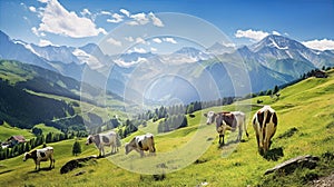 Beautiful Alps landscape with village, green fields and cows at sunny day. Swiss mountains at the background