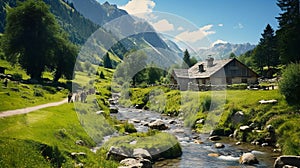 Beautiful Alps landscape with village, green fields and tourists are hiking at sunny day. Swiss mountains at the background.