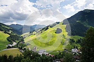 Beautiful Alps mountains landscape with Zwolferkogel cable car, Hinterglemm, Austria