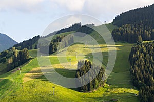 Beautiful Alps mountains landscape with Zwolferkogel cable car, Hinterglemm, Austria