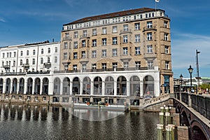 Beautiful Alster Arcades in the city of Hamburg called Alsterarkaden - CITY OF HAMBURG, GERMANY - MAY 10, 2021