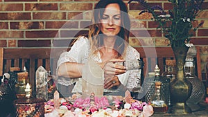 beautiful altar with crystals and rose flowers.