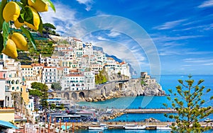 Beautiful Amalfi on hills leading down to coast, Campania, Italy. Amalfi coast is most popular travel and holiday destination