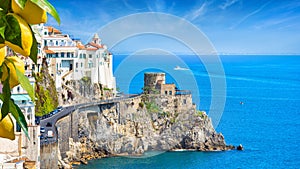 Beautiful Amalfi on hills leading down to coast, Campania, Italy. Amalfi coast is most popular travel and holiday destination in