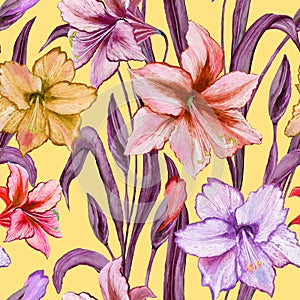 Beautiful amaryllis flowers with green purple leaves on yellow background. Seamless spring pattern. Watercolor painting.