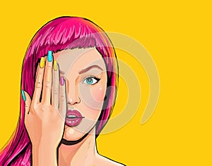 Beautiful amazed young sexy woman  touching her face in comic style. Beauty Girl  with Colorful Nail polish.