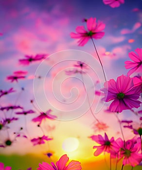 Beautiful and amazing of cosmos flower field landscape in sunset. nature wallpaper background