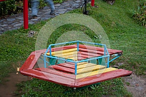 Beautiful amazing and diferent special and broked red blue and yellow wheel play kids at Colonia Tovar`s Town Venezuela