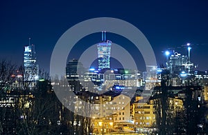 Beautiful, amazing panoramic view of Warsaw Poland with skyscrapers and a Palace of Culture and Science during spring flowering