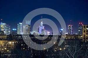 Beautiful, amazing panoramic view of Warsaw Poland with skyscrapers and a Palace of Culture and Science during spring flowering