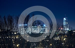 Beautiful, amazing panoramic view of Warsaw Poland with skyscrapers and a Palace of Culture and Science during spring flowering