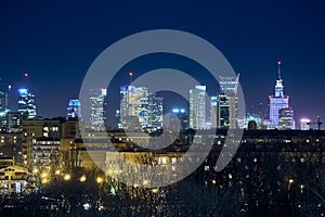 Beautiful, amazing panoramic view of Warsaw Poland with skyscrapers and a Palace of Culture and Science during spring flowering