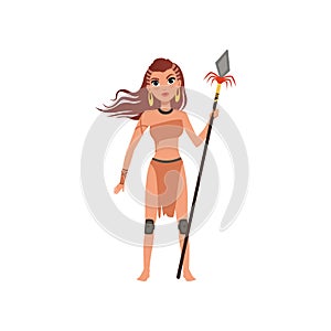 Beautiful amazon girl character, ancient warrior standing with spear vector Illustration on a white background