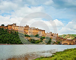 Beautiful Amber Fort and the lake, Jaipur, Rajasthan, India.