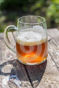 Beautiful amber glass of craft beer on rustic wood table out in garden