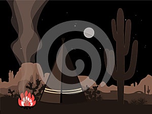 Beautiful amd mystic illustration with indian tepee, fire, and joshua tree silhouette