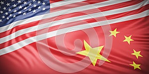 Beautiful American and china Flag Wave Close Up on banner background with copy space.,joining together concept.,3d model and