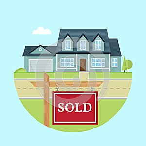 Beautiful american house on the blue background with SOLD sign