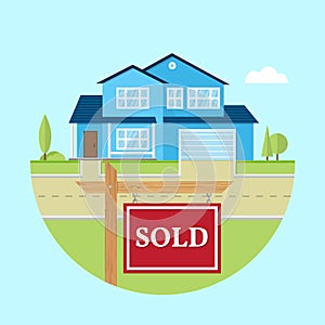Beautiful american house on the blue background with SOLD sign