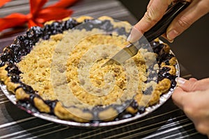 Beautiful American style blueberry pie, human hands cutting in it with knife