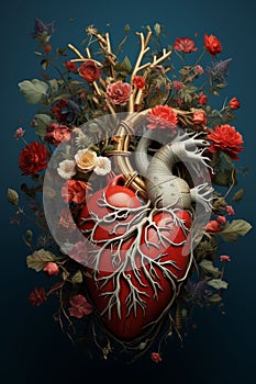 Beautiful anatomic heart with flowers and leaves
