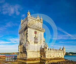 Beautiful ancient Belem tower panoramic view at sunset, Lisbon