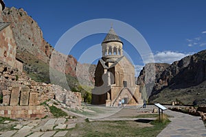 Beautiful ancient monastery Noravank in the mountains of Armenia among the steep red cliffs of the Arpa river gorge