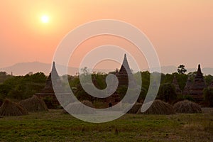 Beautiful ancient pagodas at the sunset in Bagan archaeological