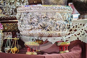 Beautiful Ancient Thai genuine silver bowl, retro engraved silverware, Beautiful genuine silver bowl handicrafts of Thailand