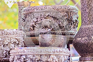 Beautiful Ancient Thai genuine silver bowl, retro engraved silverware, Beautiful genuine silver bowl handicrafts of Thailand