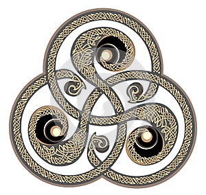 Beautiful ancient triskelion vintage with Celtic knot pattern. Triple trickle Celtic spiral ornament. Old Irish symbol. Ethnic