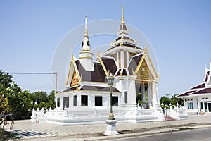 Beautiful ancient white crematory architecture or antique funeral pyre building thai style of Wat Ku or Phra Nang Rua Lom temple