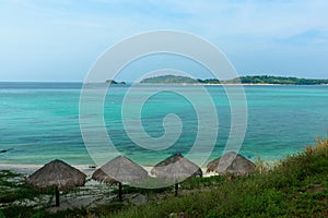 Beautiful Andaman sea, Tropical Turquoise clear blue sea and white sand beach on pattaya beach with blue sky background - summer