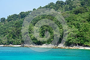 Beautiful Andaman sea, Tropical Turquoise clear blue sea and white sand beach on pattaya beach with blue sky background - summer