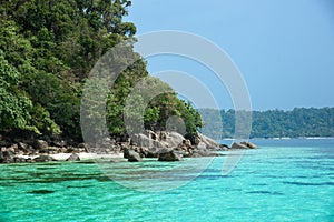 Beautiful Andaman sea, Tropical Turquoise clear blue sea and white sand beach on pattaya beach with blue sky background - summer