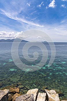 Beautiful sea, Tropical Turquoise clear blue sea and white sand beach with blue sky background at Lipe Island, Satun,