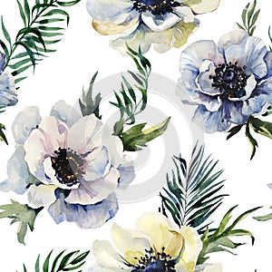 Beautiful anemone flower with green leaves on white background.  Seamless floral pattern. Watercolor painting. Hand drawn and