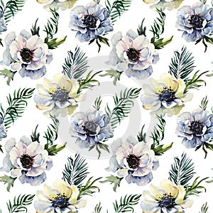 Beautiful anemone flower with green leaves on white background.  Seamless floral pattern. Watercolor painting. Hand drawn and