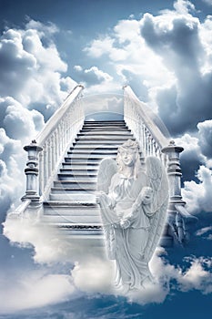 Beautiful angel archangel with white Heaven stairs and divine sky