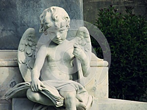 Beautiful angel child statue holding a lyre under his arm and a book on his knees. From Baroque town of Noto, Sicily.