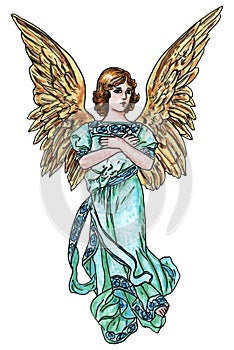 Beautiful Angel with Large Golden Wings Watercolor  Illustration