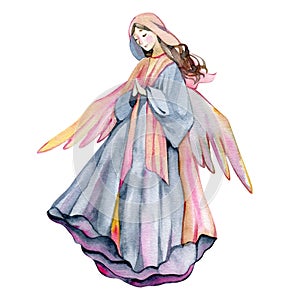 Beautiful angel with wings. Christmas watercolor illustration