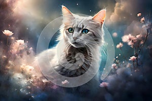 Beautiful angelic spiritual cat with dreamy floral background