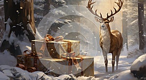 animal raindeer and gifts for new year festivel card by Generative AI photo