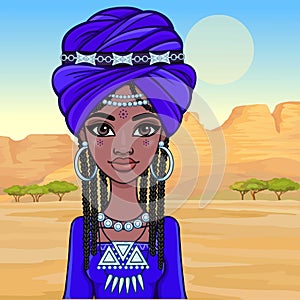 Beautiful animation African princess in ancient clothes and a turban.