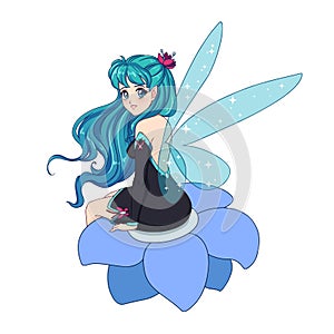Beautiful anime fairy with shiny blue wings, cyan hair sitting on flower and wearing black dress. Hand drawn vector illustration.