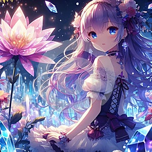 A beautiful anime girl in a fantasy land with a blloming flower with crystal, night scene, anime style, wallpaper