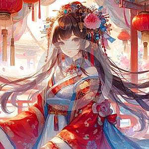 A beautiful anime princess, in ancient time, oriental hair, hanfu dress, girl, palace, empress, painting, anime art, fantasy