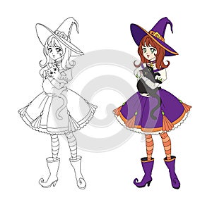 Beautiful anime witch holding black cat. Hand drawn vector illustration